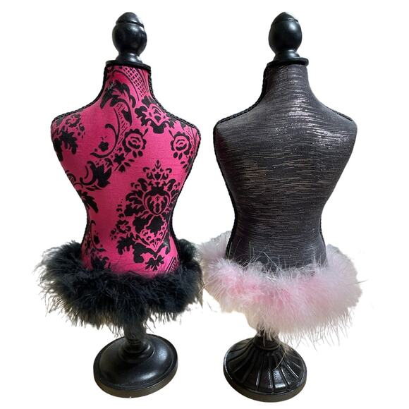Set of 2 Miniature Mannequins Jewelry Display Stands Faux Fur Trim Pink Black - Picture 2 of 7